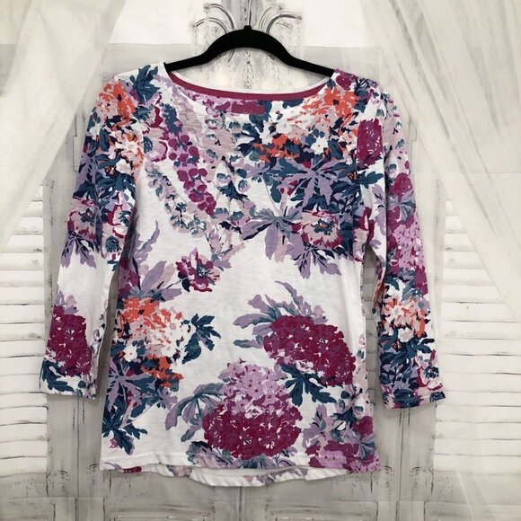 Joules Top US 2 Floral Striped 3/4 Sleeve Shirt White Pink 100% Cotton Pullover - Picture 2 of 12